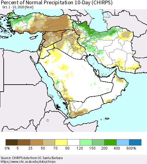 Middle East and Turkey Percent of Normal Precipitation 10-Day (CHIRPS) Thematic Map For 10/1/2020 - 10/10/2020