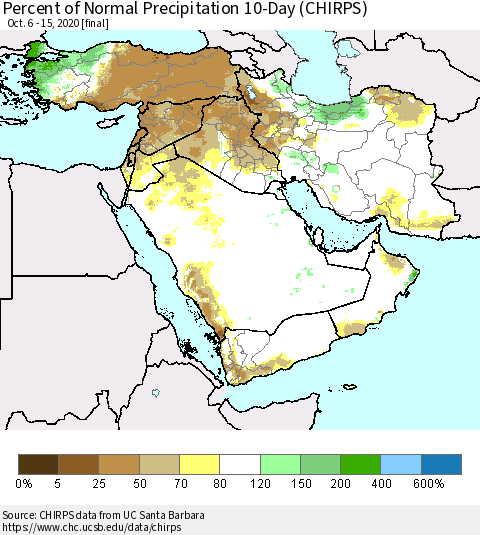 Middle East and Turkey Percent of Normal Precipitation 10-Day (CHIRPS) Thematic Map For 10/6/2020 - 10/15/2020