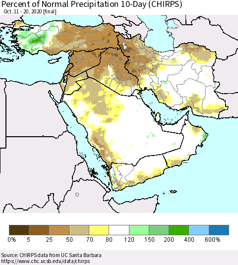 Middle East and Turkey Percent of Normal Precipitation 10-Day (CHIRPS) Thematic Map For 10/11/2020 - 10/20/2020