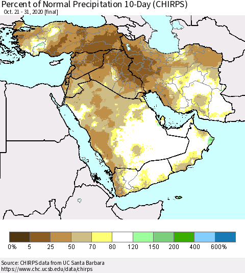 Middle East and Turkey Percent of Normal Precipitation 10-Day (CHIRPS) Thematic Map For 10/21/2020 - 10/31/2020