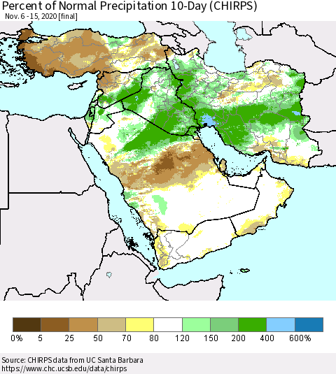 Middle East and Turkey Percent of Normal Precipitation 10-Day (CHIRPS) Thematic Map For 11/6/2020 - 11/15/2020
