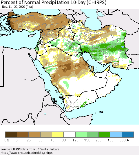 Middle East and Turkey Percent of Normal Precipitation 10-Day (CHIRPS) Thematic Map For 11/11/2020 - 11/20/2020