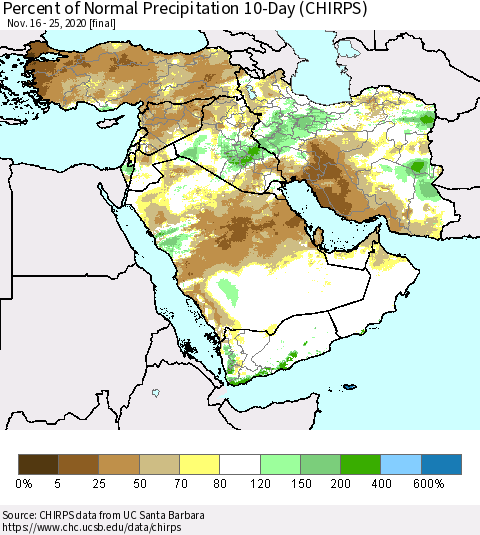 Middle East and Turkey Percent of Normal Precipitation 10-Day (CHIRPS) Thematic Map For 11/16/2020 - 11/25/2020