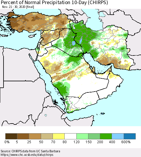 Middle East and Turkey Percent of Normal Precipitation 10-Day (CHIRPS) Thematic Map For 11/21/2020 - 11/30/2020