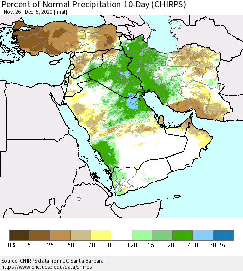 Middle East and Turkey Percent of Normal Precipitation 10-Day (CHIRPS) Thematic Map For 11/26/2020 - 12/5/2020