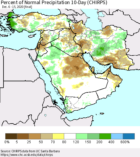 Middle East and Turkey Percent of Normal Precipitation 10-Day (CHIRPS) Thematic Map For 12/6/2020 - 12/15/2020