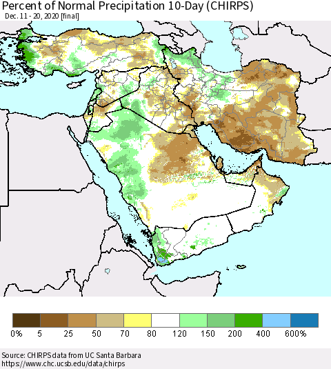 Middle East and Turkey Percent of Normal Precipitation 10-Day (CHIRPS) Thematic Map For 12/11/2020 - 12/20/2020