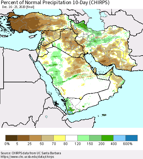 Middle East and Turkey Percent of Normal Precipitation 10-Day (CHIRPS) Thematic Map For 12/16/2020 - 12/25/2020