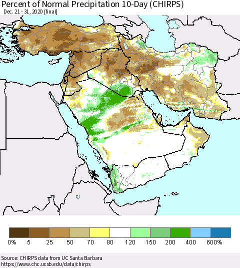 Middle East and Turkey Percent of Normal Precipitation 10-Day (CHIRPS) Thematic Map For 12/21/2020 - 12/31/2020