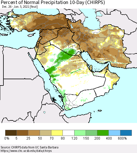 Middle East and Turkey Percent of Normal Precipitation 10-Day (CHIRPS) Thematic Map For 12/26/2020 - 1/5/2021