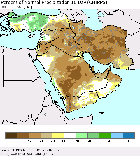 Middle East and Turkey Percent of Normal Precipitation 10-Day (CHIRPS) Thematic Map For 4/1/2021 - 4/10/2021