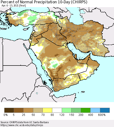 Middle East and Turkey Percent of Normal Precipitation 10-Day (CHIRPS) Thematic Map For 4/6/2021 - 4/15/2021