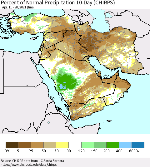 Middle East and Turkey Percent of Normal Precipitation 10-Day (CHIRPS) Thematic Map For 4/11/2021 - 4/20/2021