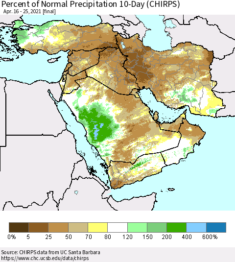 Middle East and Turkey Percent of Normal Precipitation 10-Day (CHIRPS) Thematic Map For 4/16/2021 - 4/25/2021