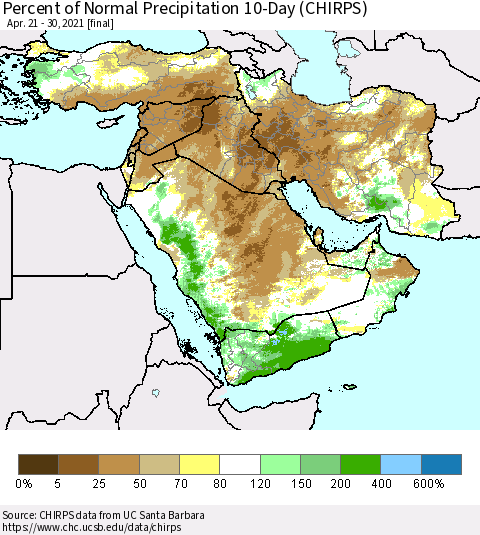 Middle East and Turkey Percent of Normal Precipitation 10-Day (CHIRPS) Thematic Map For 4/21/2021 - 4/30/2021