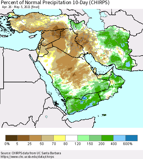 Middle East and Turkey Percent of Normal Precipitation 10-Day (CHIRPS) Thematic Map For 4/26/2021 - 5/5/2021