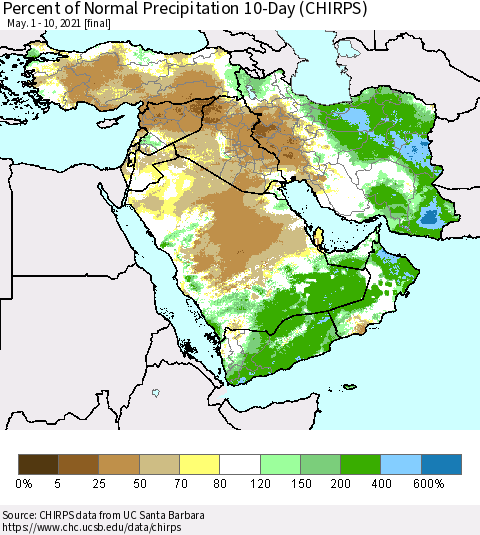 Middle East and Turkey Percent of Normal Precipitation 10-Day (CHIRPS) Thematic Map For 5/1/2021 - 5/10/2021