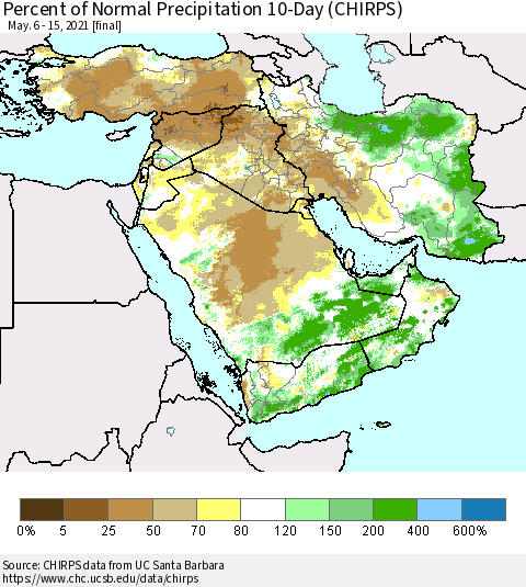 Middle East and Turkey Percent of Normal Precipitation 10-Day (CHIRPS) Thematic Map For 5/6/2021 - 5/15/2021