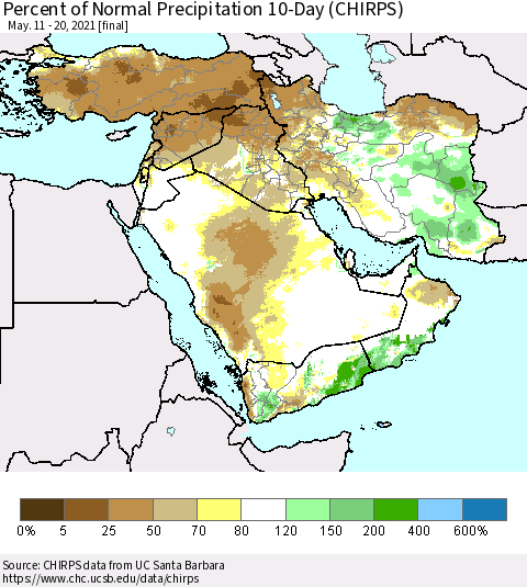 Middle East and Turkey Percent of Normal Precipitation 10-Day (CHIRPS) Thematic Map For 5/11/2021 - 5/20/2021