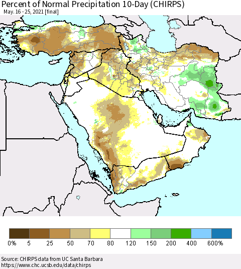 Middle East and Turkey Percent of Normal Precipitation 10-Day (CHIRPS) Thematic Map For 5/16/2021 - 5/25/2021