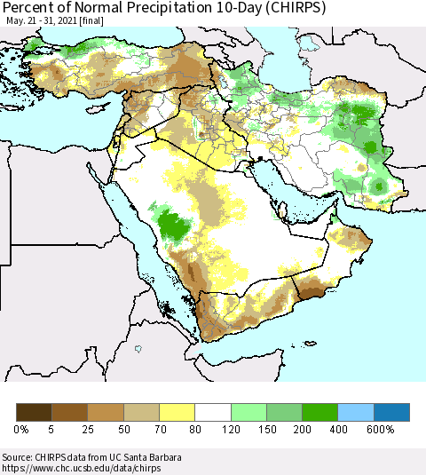 Middle East and Turkey Percent of Normal Precipitation 10-Day (CHIRPS) Thematic Map For 5/21/2021 - 5/31/2021