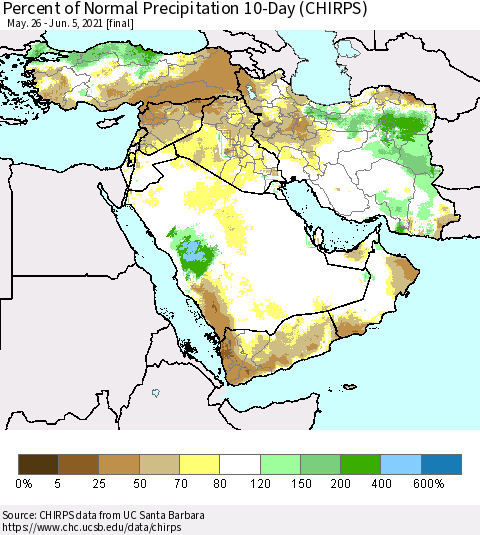 Middle East and Turkey Percent of Normal Precipitation 10-Day (CHIRPS) Thematic Map For 5/26/2021 - 6/5/2021