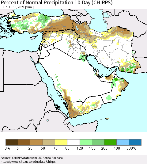 Middle East and Turkey Percent of Normal Precipitation 10-Day (CHIRPS) Thematic Map For 6/1/2021 - 6/10/2021