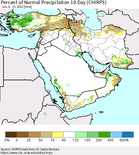 Middle East and Turkey Percent of Normal Precipitation 10-Day (CHIRPS) Thematic Map For 6/6/2021 - 6/15/2021