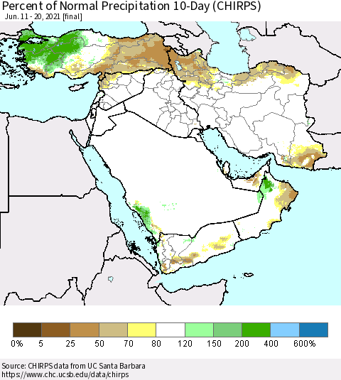 Middle East and Turkey Percent of Normal Precipitation 10-Day (CHIRPS) Thematic Map For 6/11/2021 - 6/20/2021