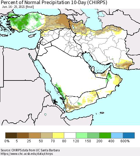 Middle East and Turkey Percent of Normal Precipitation 10-Day (CHIRPS) Thematic Map For 6/16/2021 - 6/25/2021