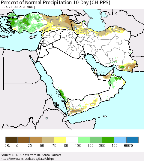 Middle East and Turkey Percent of Normal Precipitation 10-Day (CHIRPS) Thematic Map For 6/21/2021 - 6/30/2021