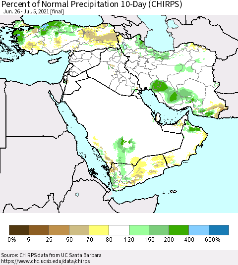 Middle East and Turkey Percent of Normal Precipitation 10-Day (CHIRPS) Thematic Map For 6/26/2021 - 7/5/2021