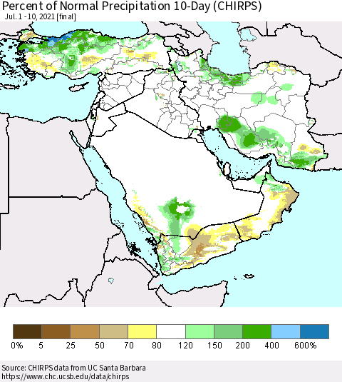 Middle East and Turkey Percent of Normal Precipitation 10-Day (CHIRPS) Thematic Map For 7/1/2021 - 7/10/2021