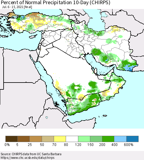 Middle East and Turkey Percent of Normal Precipitation 10-Day (CHIRPS) Thematic Map For 7/6/2021 - 7/15/2021