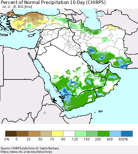 Middle East and Turkey Percent of Normal Precipitation 10-Day (CHIRPS) Thematic Map For 7/11/2021 - 7/20/2021