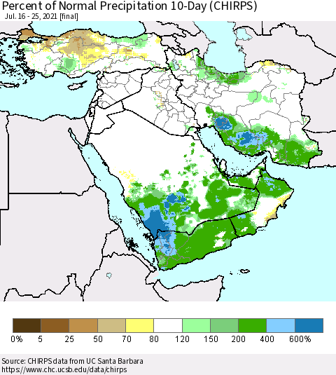 Middle East and Turkey Percent of Normal Precipitation 10-Day (CHIRPS) Thematic Map For 7/16/2021 - 7/25/2021