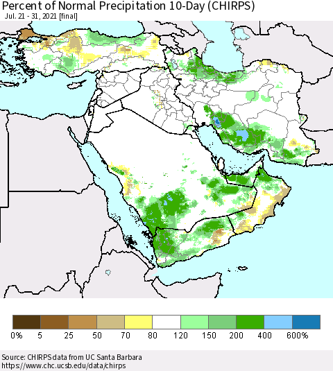 Middle East and Turkey Percent of Normal Precipitation 10-Day (CHIRPS) Thematic Map For 7/21/2021 - 7/31/2021
