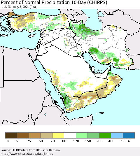 Middle East and Turkey Percent of Normal Precipitation 10-Day (CHIRPS) Thematic Map For 7/26/2021 - 8/5/2021