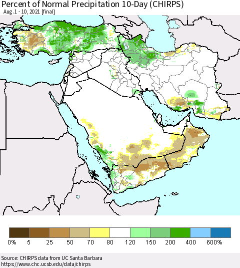 Middle East and Turkey Percent of Normal Precipitation 10-Day (CHIRPS) Thematic Map For 8/1/2021 - 8/10/2021