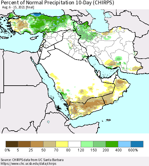 Middle East and Turkey Percent of Normal Precipitation 10-Day (CHIRPS) Thematic Map For 8/6/2021 - 8/15/2021