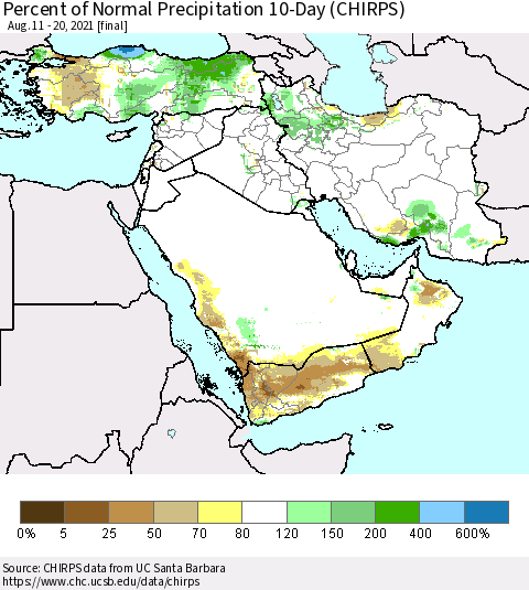 Middle East and Turkey Percent of Normal Precipitation 10-Day (CHIRPS) Thematic Map For 8/11/2021 - 8/20/2021