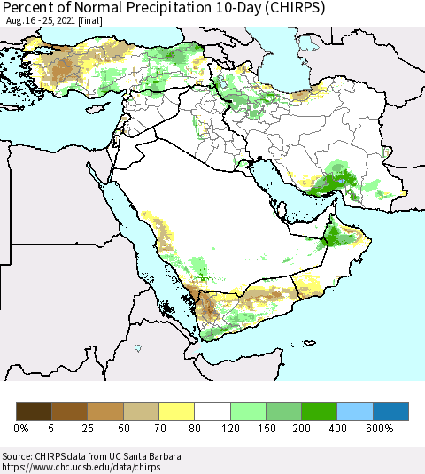 Middle East and Turkey Percent of Normal Precipitation 10-Day (CHIRPS) Thematic Map For 8/16/2021 - 8/25/2021