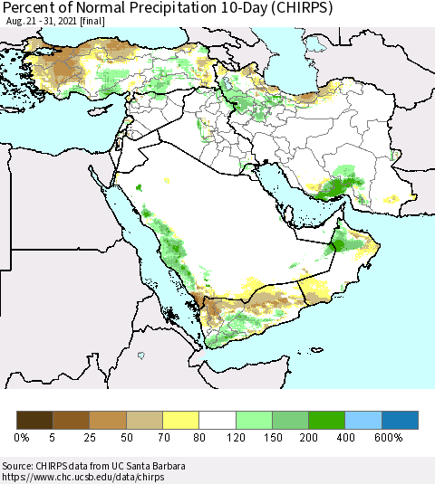 Middle East and Turkey Percent of Normal Precipitation 10-Day (CHIRPS) Thematic Map For 8/21/2021 - 8/31/2021