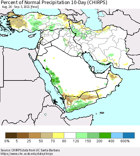 Middle East and Turkey Percent of Normal Precipitation 10-Day (CHIRPS) Thematic Map For 8/26/2021 - 9/5/2021