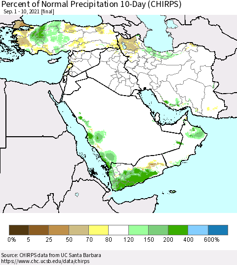 Middle East and Turkey Percent of Normal Precipitation 10-Day (CHIRPS) Thematic Map For 9/1/2021 - 9/10/2021