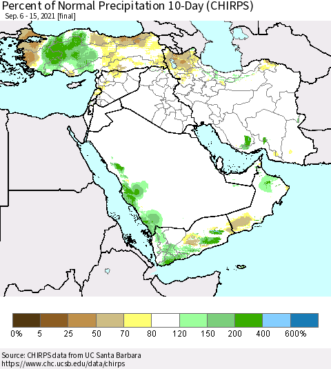 Middle East and Turkey Percent of Normal Precipitation 10-Day (CHIRPS) Thematic Map For 9/6/2021 - 9/15/2021
