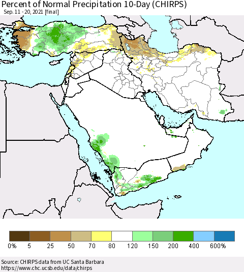 Middle East and Turkey Percent of Normal Precipitation 10-Day (CHIRPS) Thematic Map For 9/11/2021 - 9/20/2021