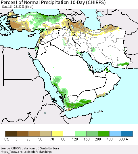 Middle East and Turkey Percent of Normal Precipitation 10-Day (CHIRPS) Thematic Map For 9/16/2021 - 9/25/2021
