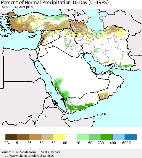 Middle East and Turkey Percent of Normal Precipitation 10-Day (CHIRPS) Thematic Map For 9/21/2021 - 9/30/2021