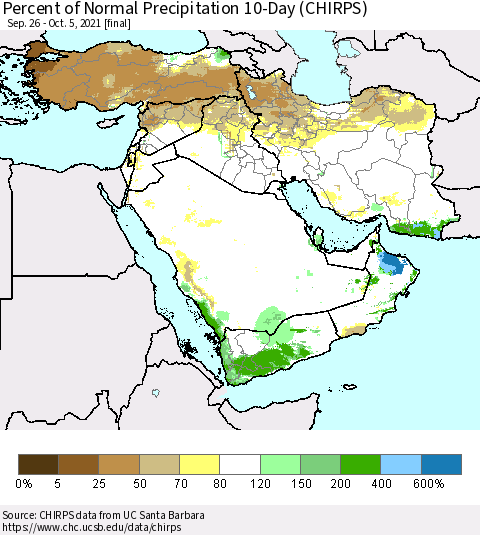 Middle East and Turkey Percent of Normal Precipitation 10-Day (CHIRPS) Thematic Map For 9/26/2021 - 10/5/2021